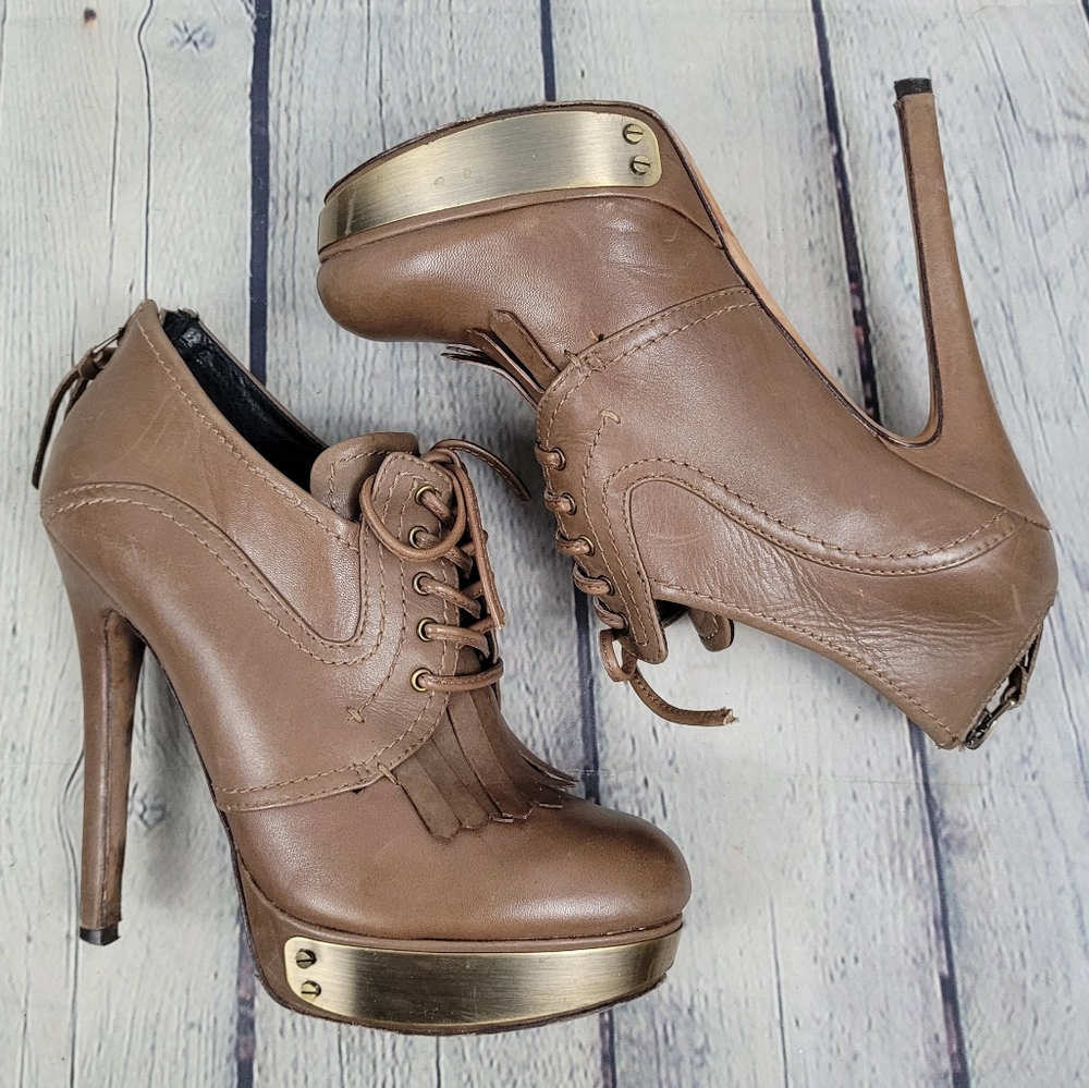 HOUSE OF HARLOW | leather platform back zip & laceup kiltie stilleto heels